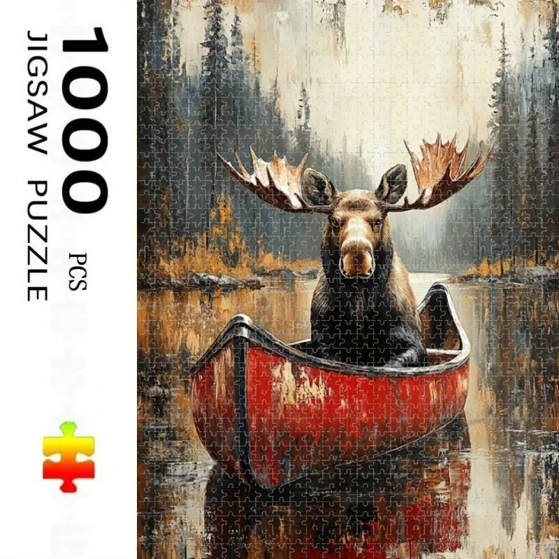 1000 Pcs Framed Moose with Red Canoe Puzzle Home Decor Adults Puzzle Games Family Fun Floor Puzzles Educational Toys for Kids