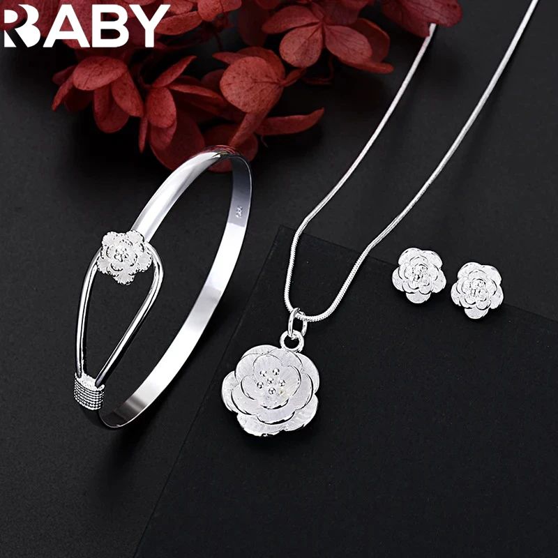 

Fine 925 Sterling Silver Charm Flower Necklace Earring Bangle Jewelry For Women Retro Set Wedding Gift Trendy Lovely