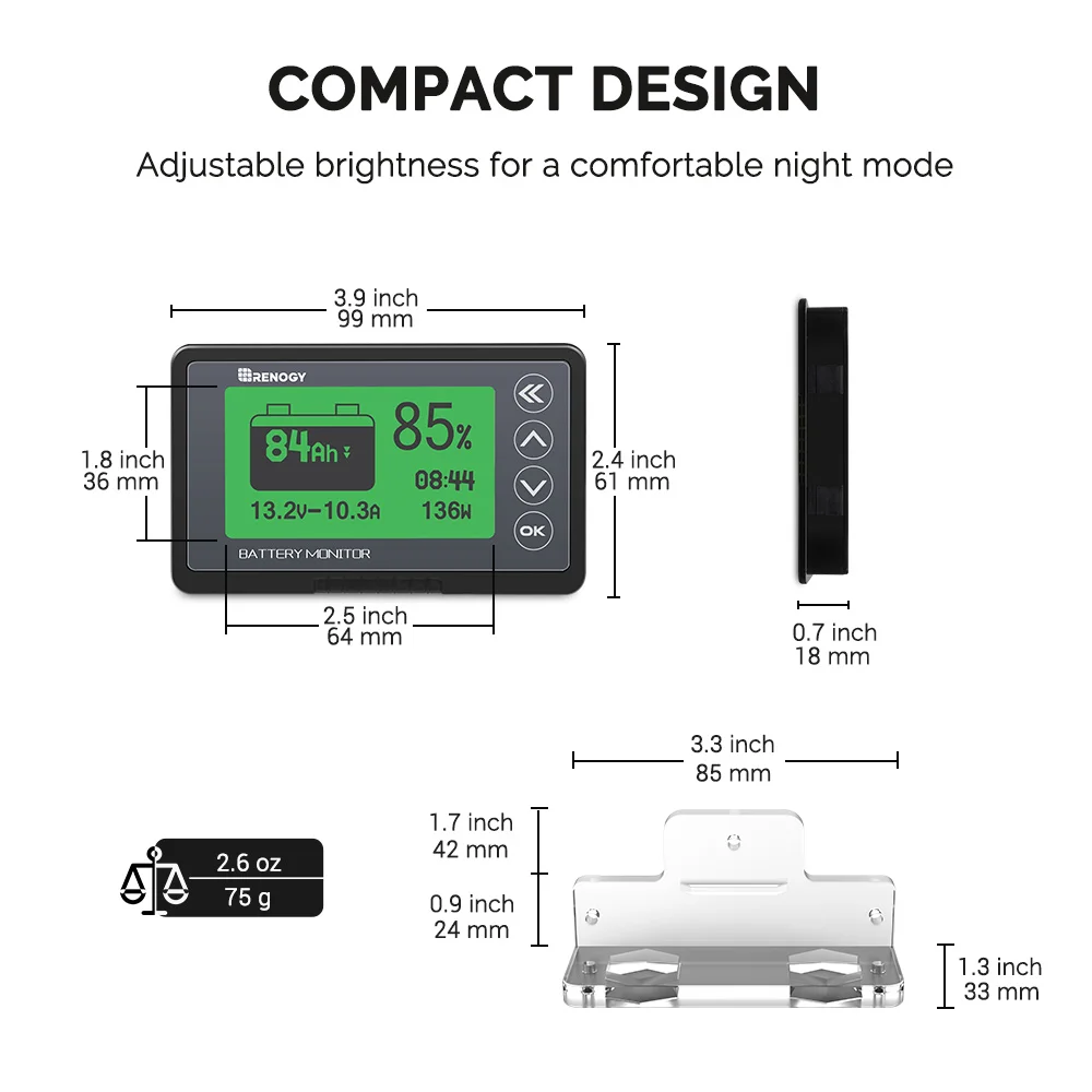 Monitor batteria Renogy 500A con gamma di allarme di tensione Shunt compatibile 12V Gel sigillato al litio allagato