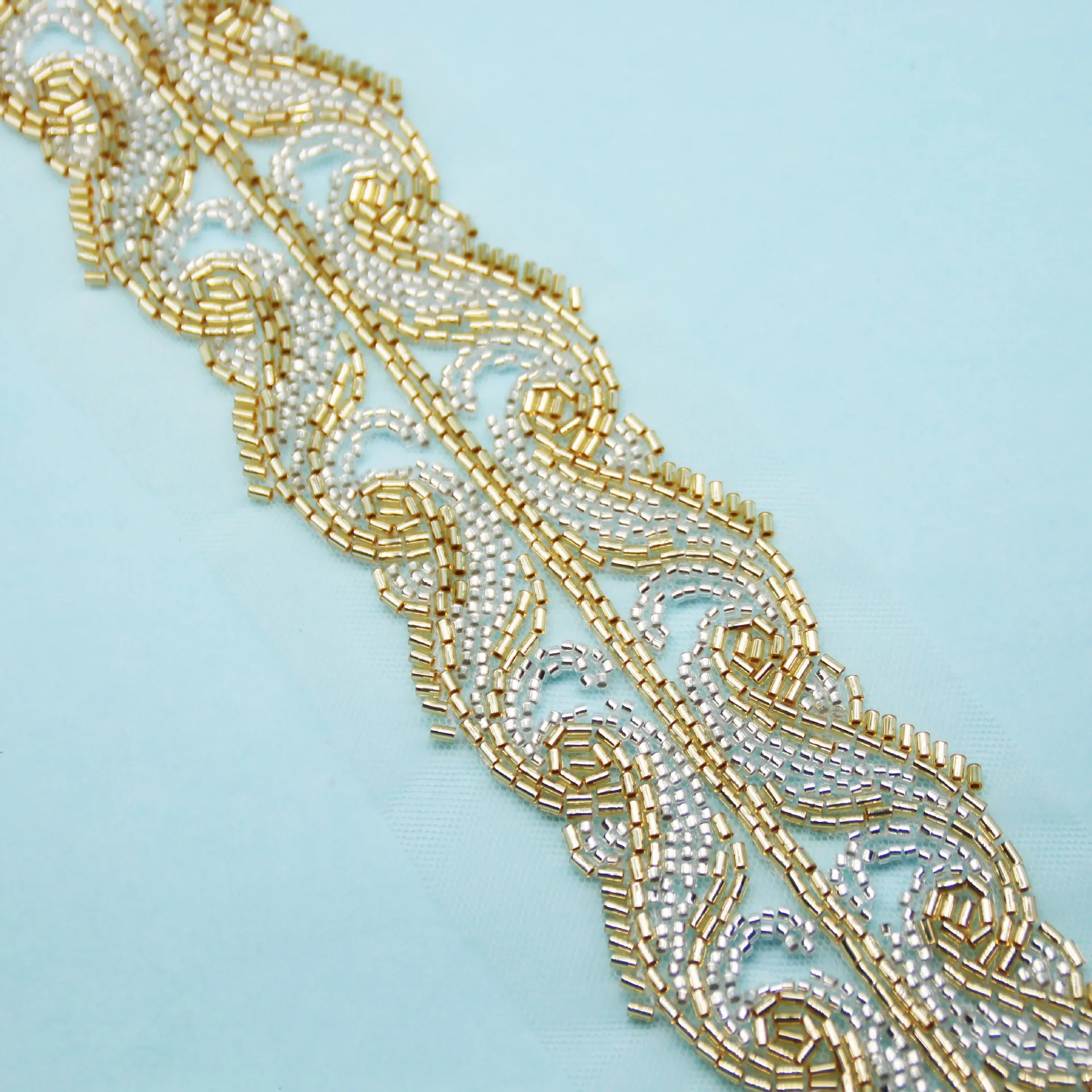 Ethnic Style Gold Bead Pearl Lace Trim Jacket Clothing Wedding Dress Decoration Material Mesh Beaded Lace Trim