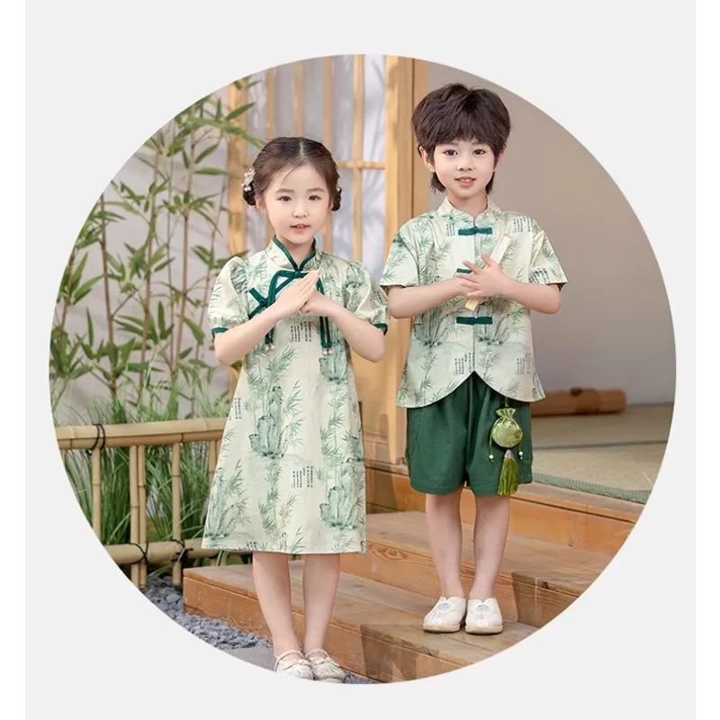 Kindergarten Garden Dress Short-sleeved Cheongsam Hanfu Pupils' Thousand-character Performance Dress