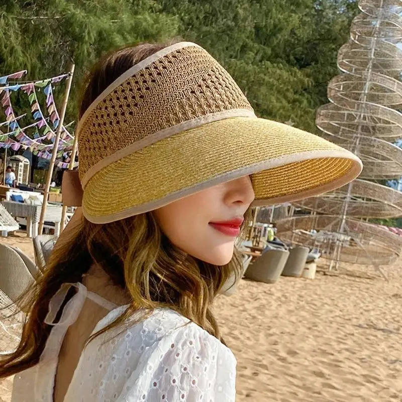 قبعة R1WE النسائية من الدانتيل ذات عقدة زهور وشريط قابل للطي من القش تحمي طفلك