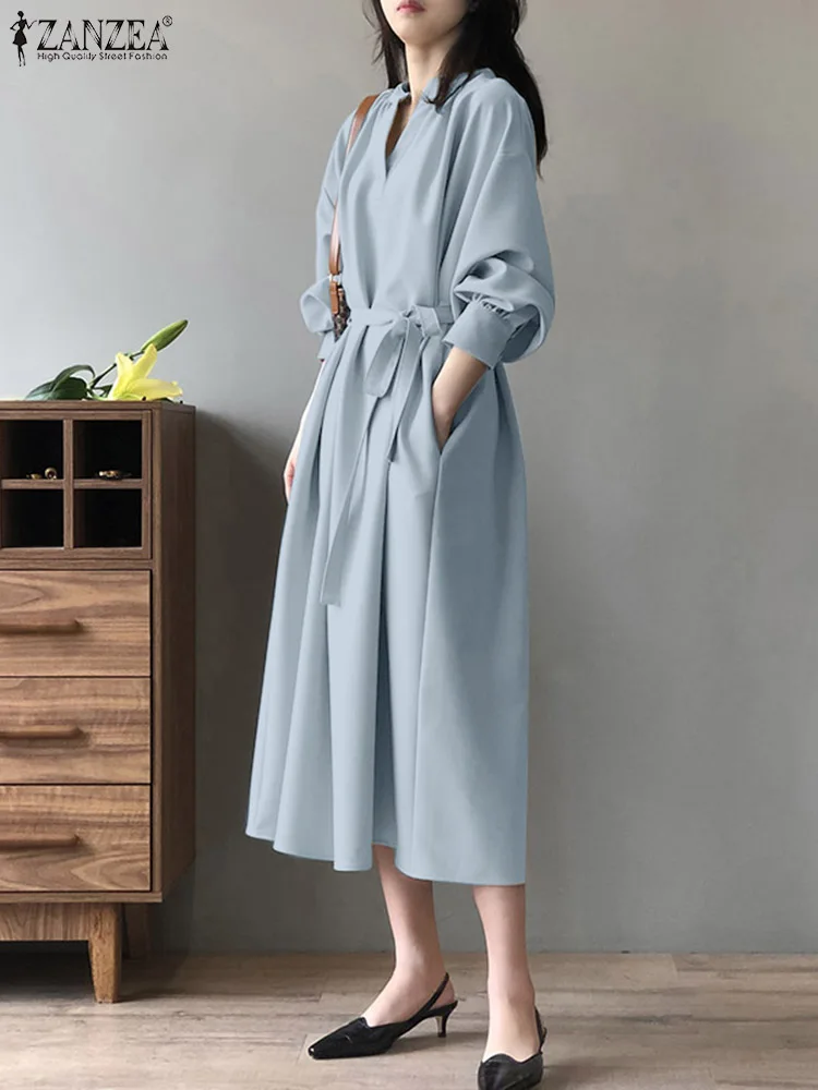 ZANZEA 2024 Women Belted Robes Shirt Dress Vintage Solid V-neck Long Vestidos Spring Long Sleeve Office Lady Pocket Midi Dresses