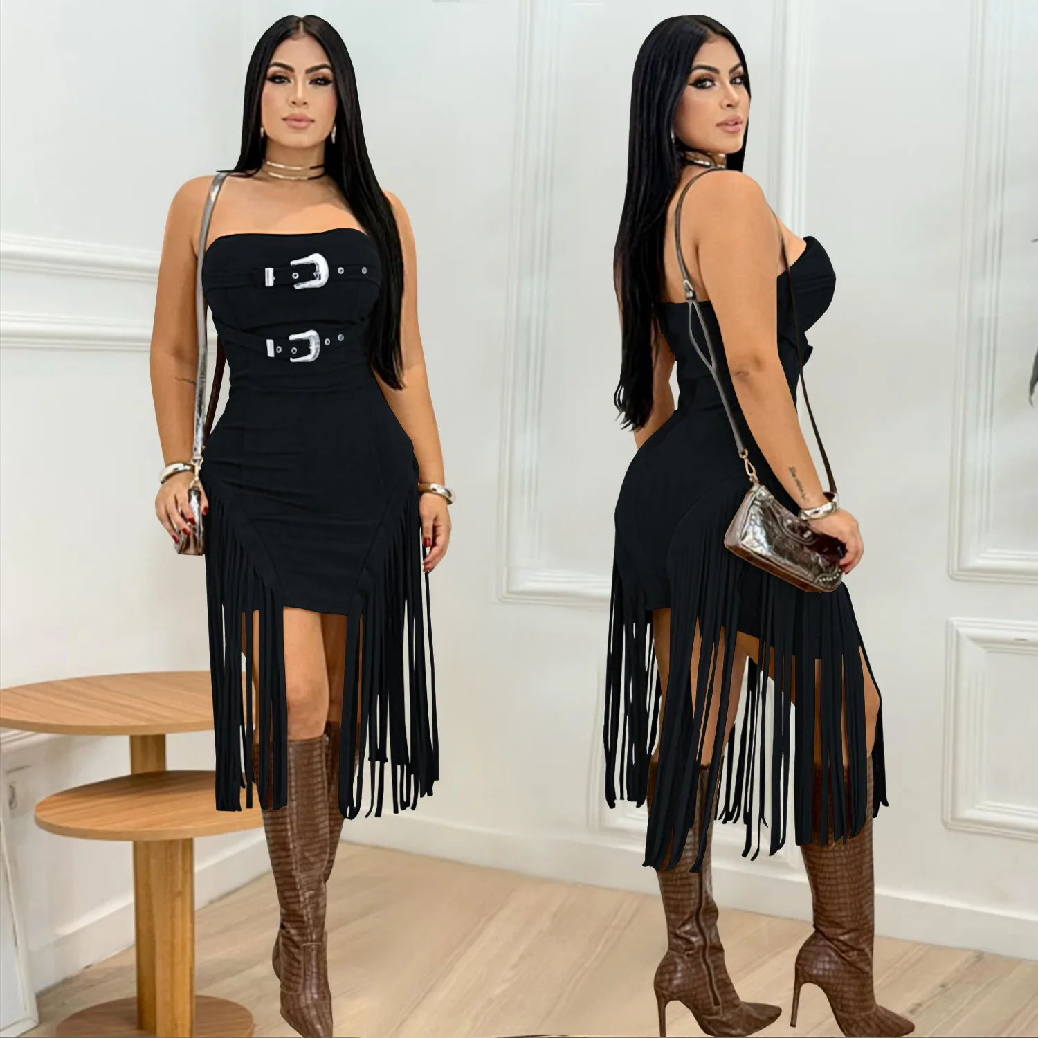 Suede Tassel Women Midi Dress Off Shoulder Sheer Evening Dress 2025 Summer New Streetwear Sexy Backless Night Club Party Vestido