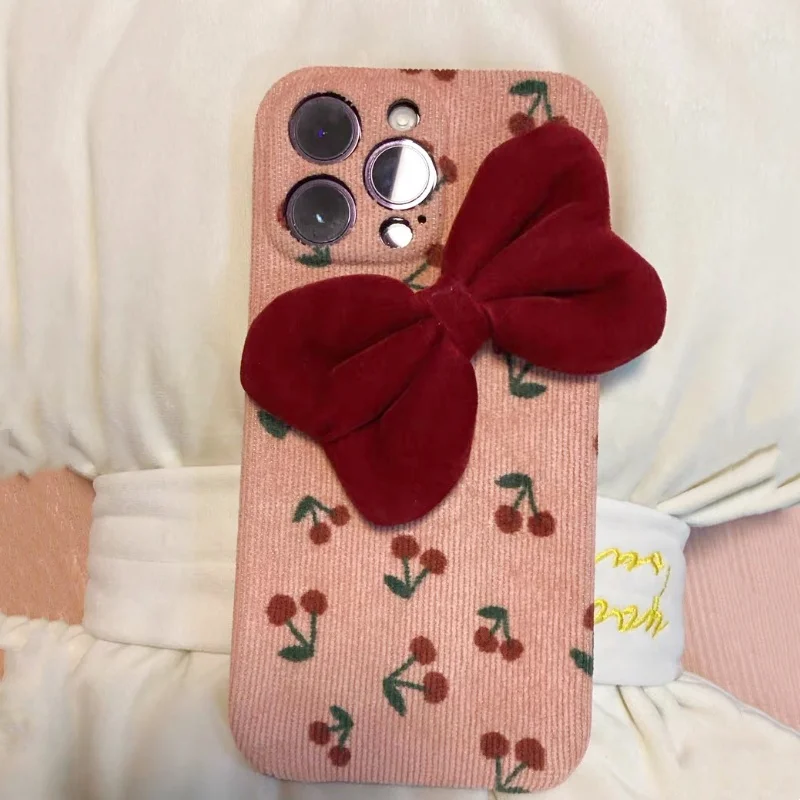 

Korea Cute Cartoon 3D Bow Autumn Winter Velvet Case for IPhone 16 15 14 13 12Pro Max Lovely Shockproof Protective Back Cover