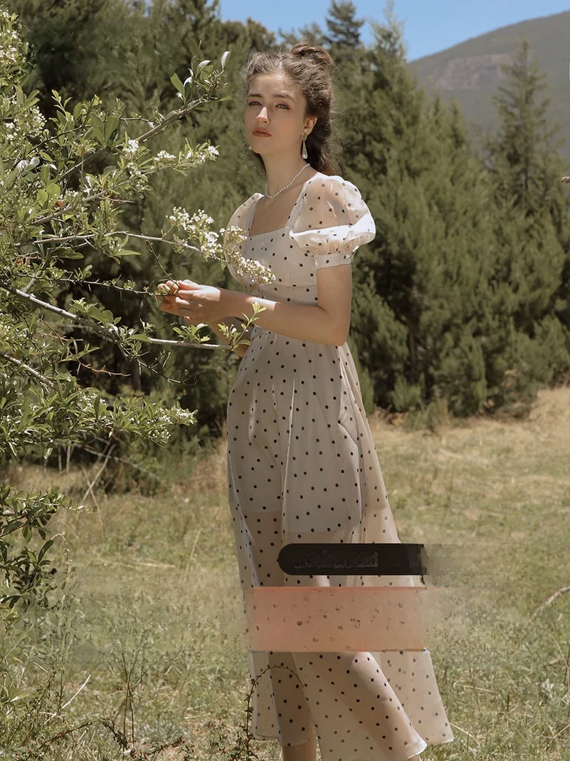 

since Then Summer Vintage Square Collar Long Dress Women's Chiffon Polka Dot Skirt Short Sleeve High Waist A-Line Gown
