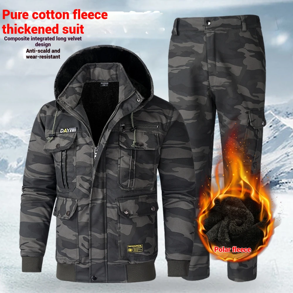 

Winter Work Jacket Men Heavy Duty Cotton Thickened Warm Windproof Wool Lined Protective Clothing Wear Resistant Outdoor Coat