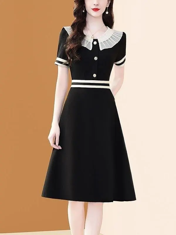 robe-bla-doll-collar-pour-femme-ete-2025-amincissante-a-manches-courtes-cintree-a-la-taille-style-professionnel-motif-raye-jupe-trapeze