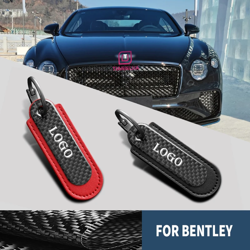 Carbon fiber leather car keyring with metal logo for Bentley Flyover PHEV Continental GT keyring accessories