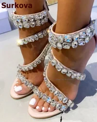 Surkova Crystal Strap Bling Bling High Heel Sandals Woman Big Rhinestone Jewelry Wedding Shoes Gem String Beaded Banquet Pumps