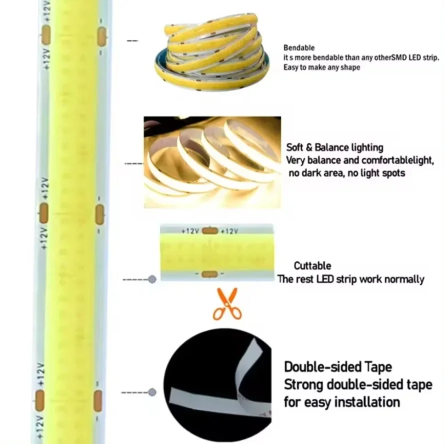 1-5m Double Row COB LED Light Strip 12V/24V High Brightness Flexible FOB LED Tape 624LED/m RA90 3000K 4000K 6000K Dimmable Strip