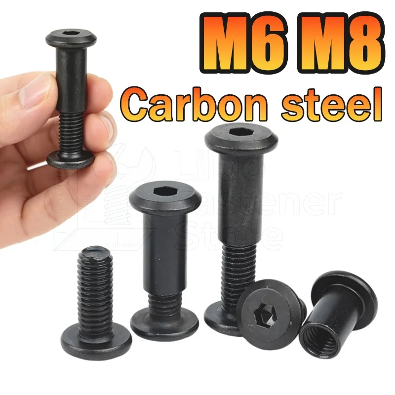 10/20/50Set M6 M8 Black Carbon Steel Large Flat Hex Furniture Nut with Screws Rivet Connector Insert Joint Sleeve Nuts