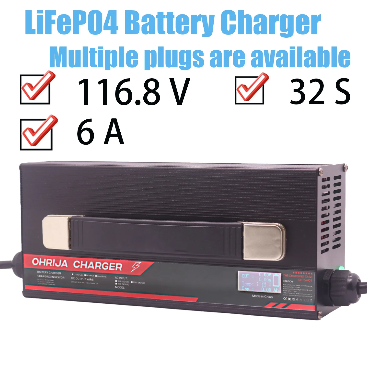 116.8V 6A High power Aluminum Shell LCD LiFeP04 Battery Charger  Suitable  32S 102.4V Battery Fast Charging Heat dissipation