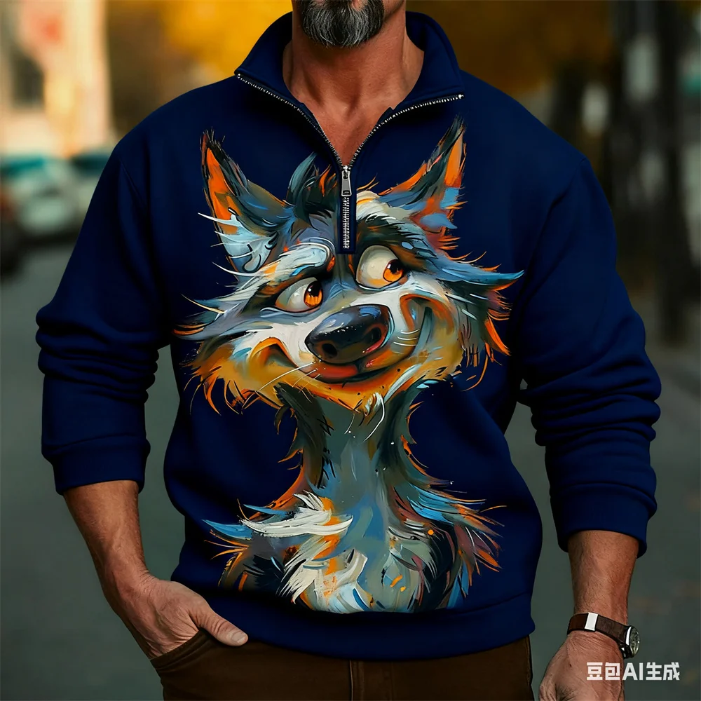 

Fashion Cartoon Wolf Half Zipper Sweatshirt Autumn Winter Casual Men's Stand Collar Tops 3D Printed Funny Pullover Trend Clothes