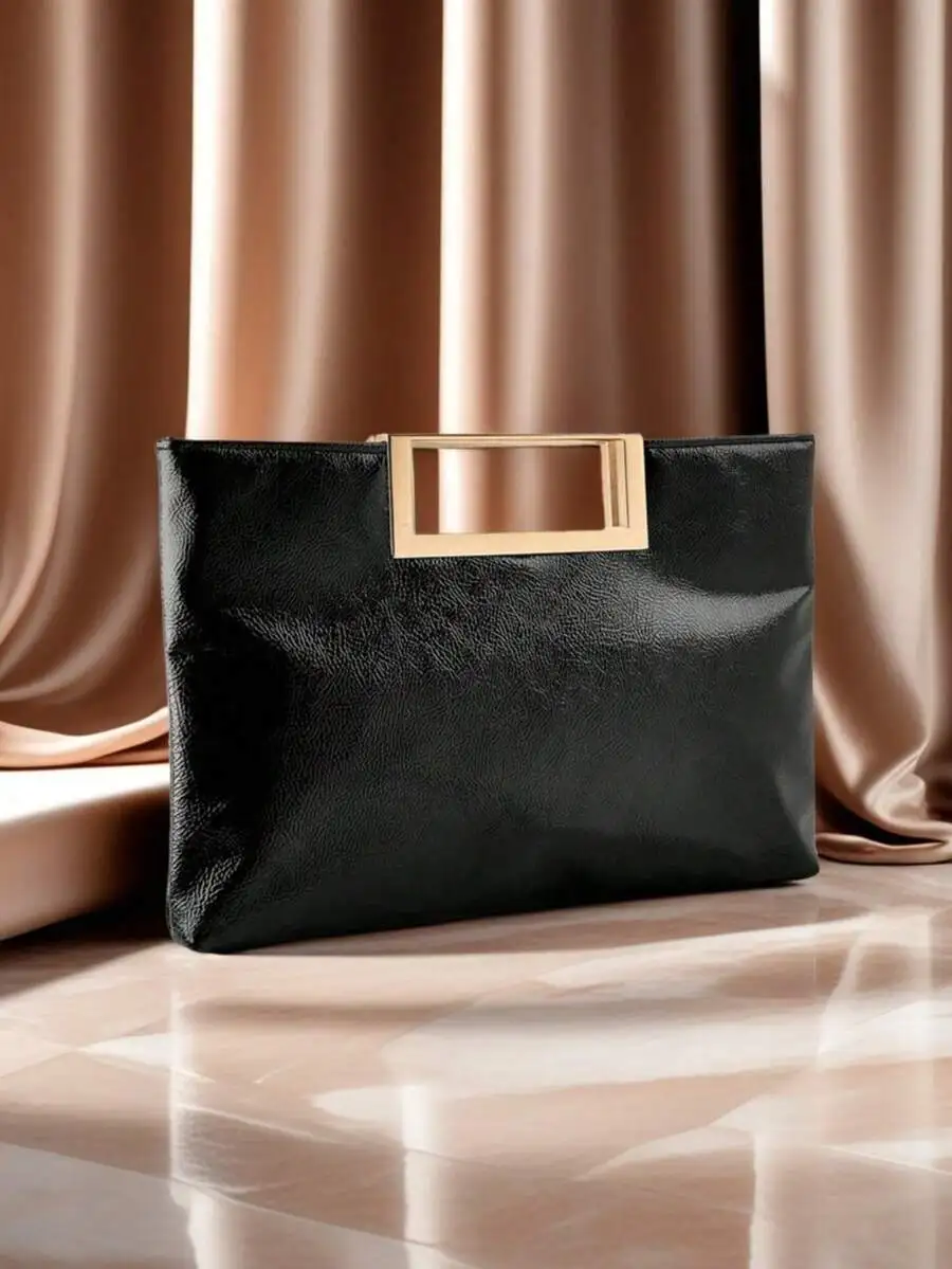 

Elegant Black Clutch Bag With Gold-Tone Frame Handle, Formal Evening Handbag For Women