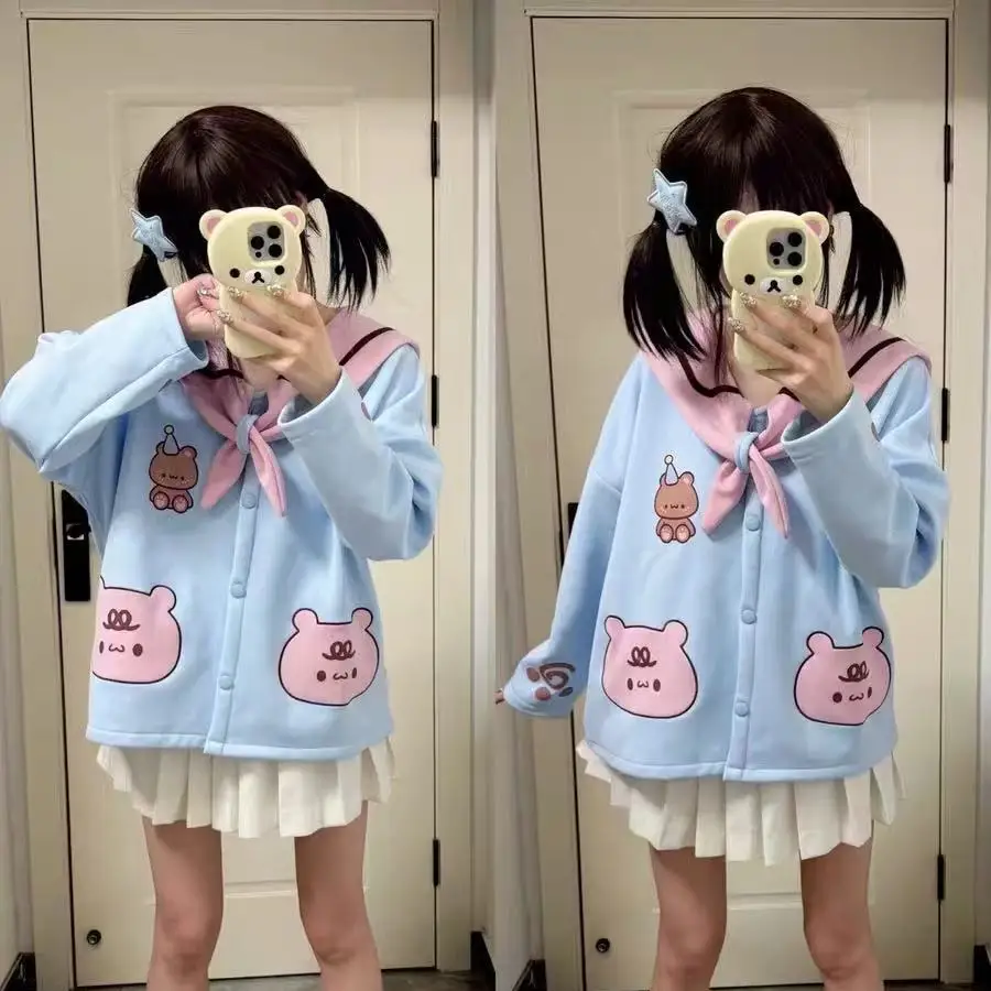 

Милый женский свитшот в стиле Лолита с воротником-стойкой, оверсайз, с капюшоном, с длинными рукавами, с ушками медведя, повседневный, в стиле Y2K