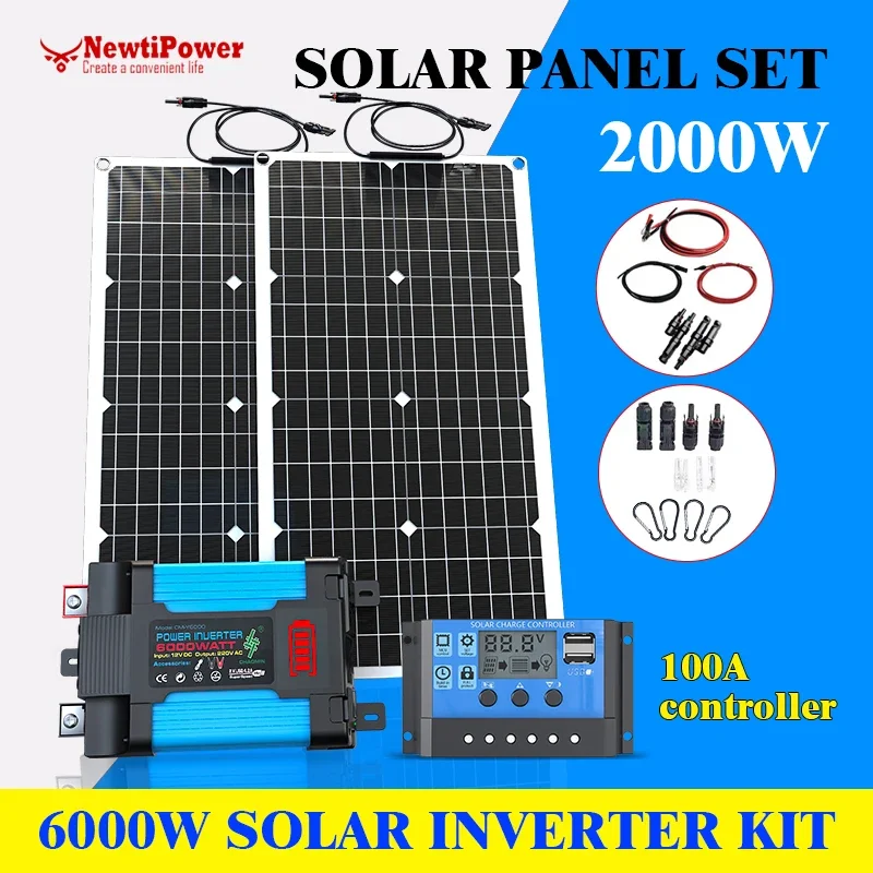 Pro-Grade 6000W zonne-kit: flexibele zonnepanelen + slimme 12V-oplader en omvormer voor twee spanning (110V/220V) - klaar voor thuis/kamperen