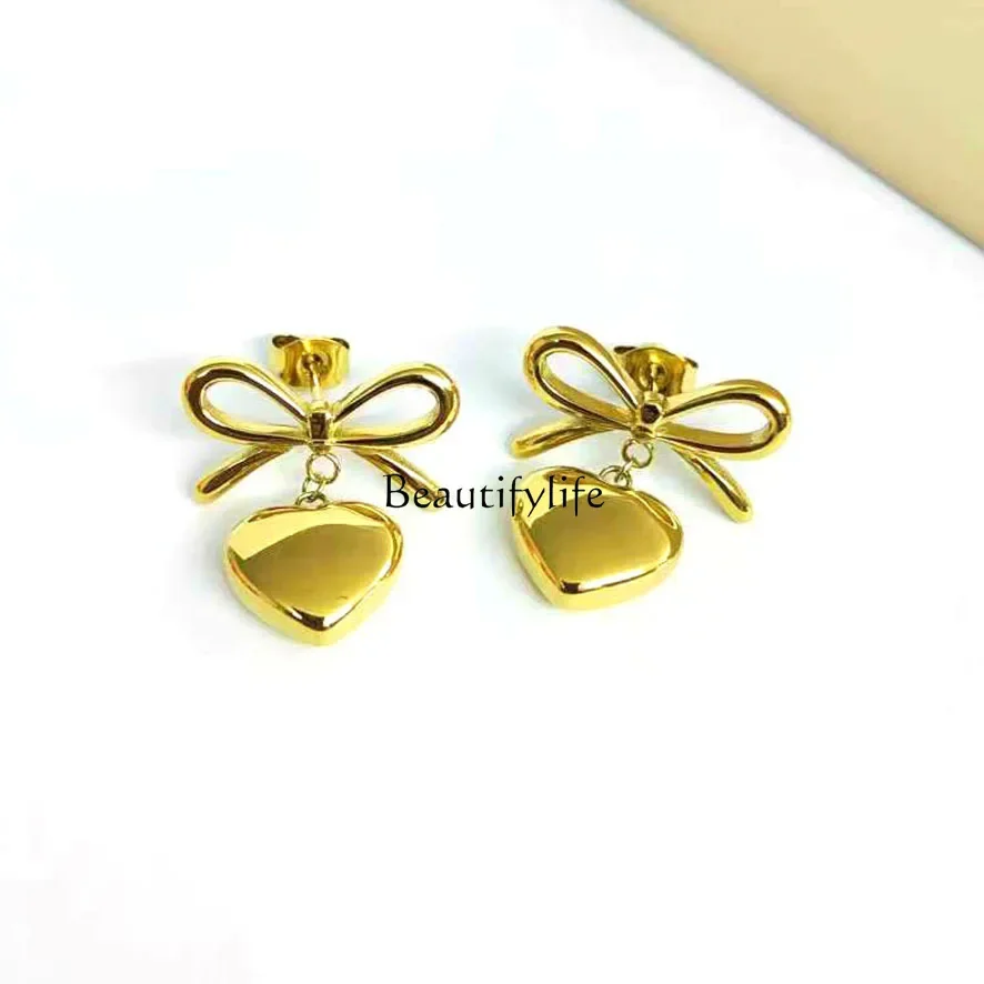 French court style bow peach heart five petal flower exaggerated stainless steel earrings