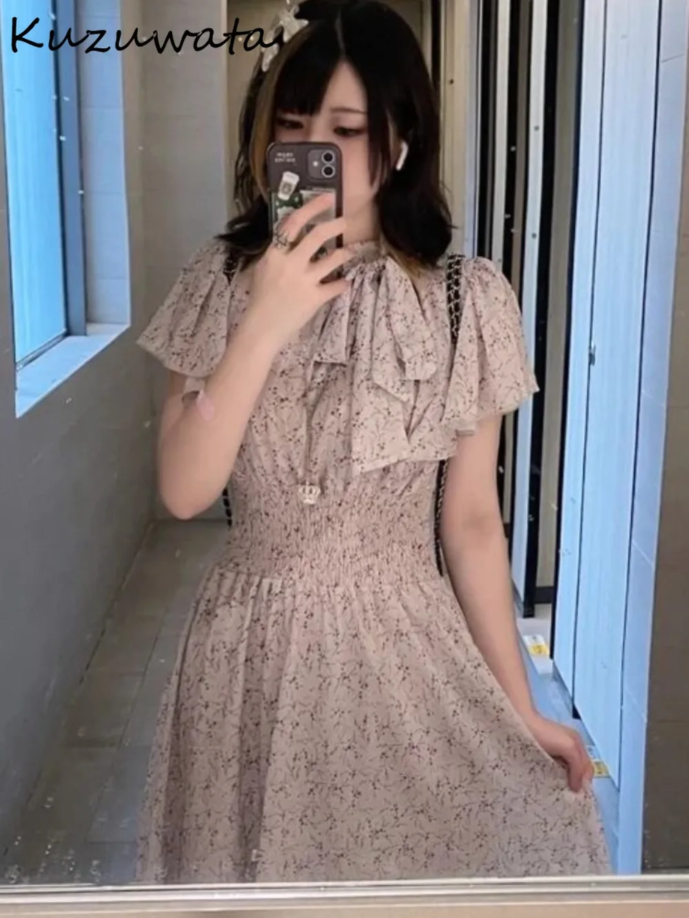 

Kuzuwata Sweet O Neck Butterfly Sleeve Fresh Print Dress Elegant Lace Up Slim Waist Pleated Robe Japan French Style Moda Vestido