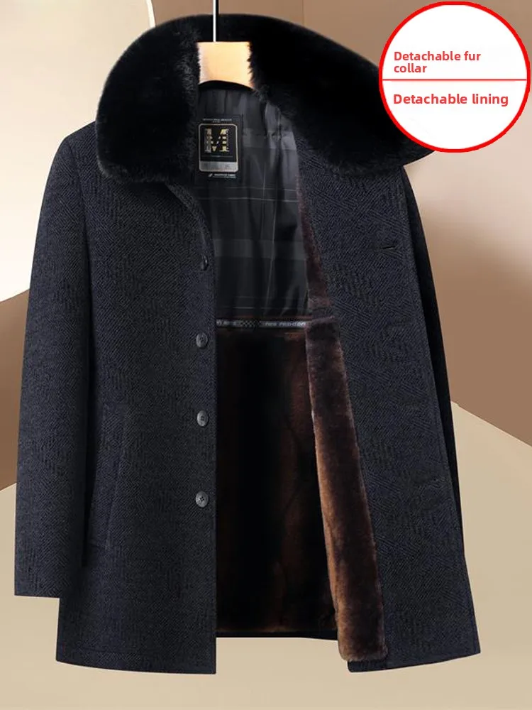 

Thiened Fce шерстяное пальто на подкладке для мужчин среднего возраста, зимнее теплое модное длинное пальто Sve Busin, повседневное, на одной пуговице