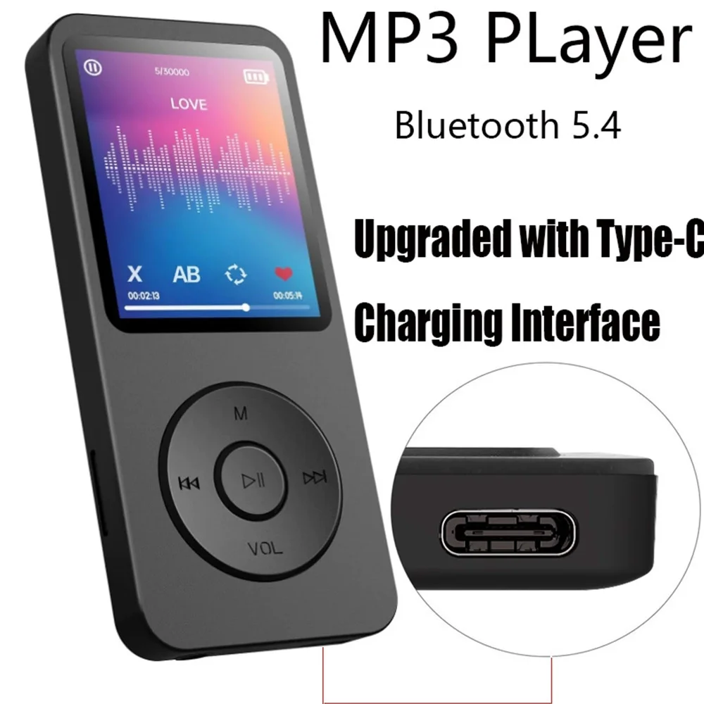 

Bluetooth 5.4 MP3 Player With Memory Built-in Speaker Type-C MP4 Portable Music Stereo Player Support FM Radio E-Book Recording