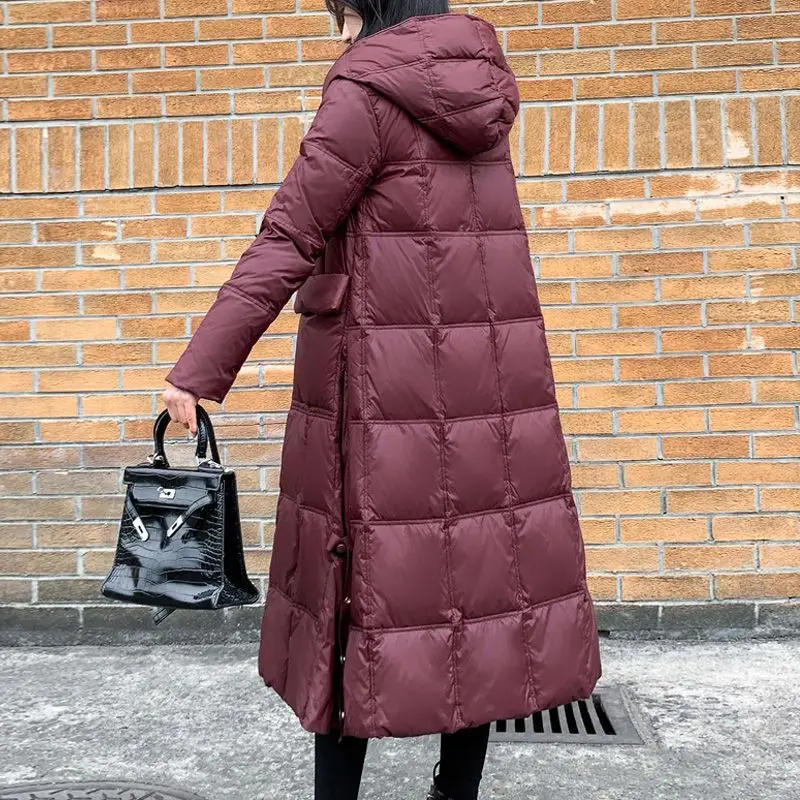 Chaqueta de plumón larga con capucha para mujer, chaqueta de plumón de gran tamaño, invierno 2025
