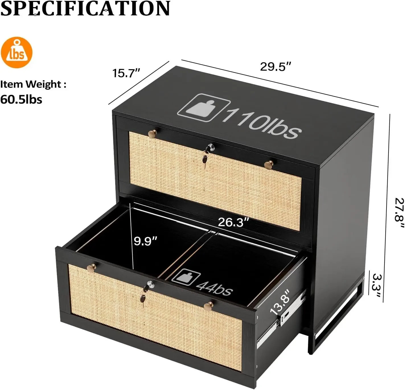 Archivador Lateral de 2 cajones con cerradura, archivadores de bloqueo de madera para oficina en casa, soporte de impresora para colgar letras