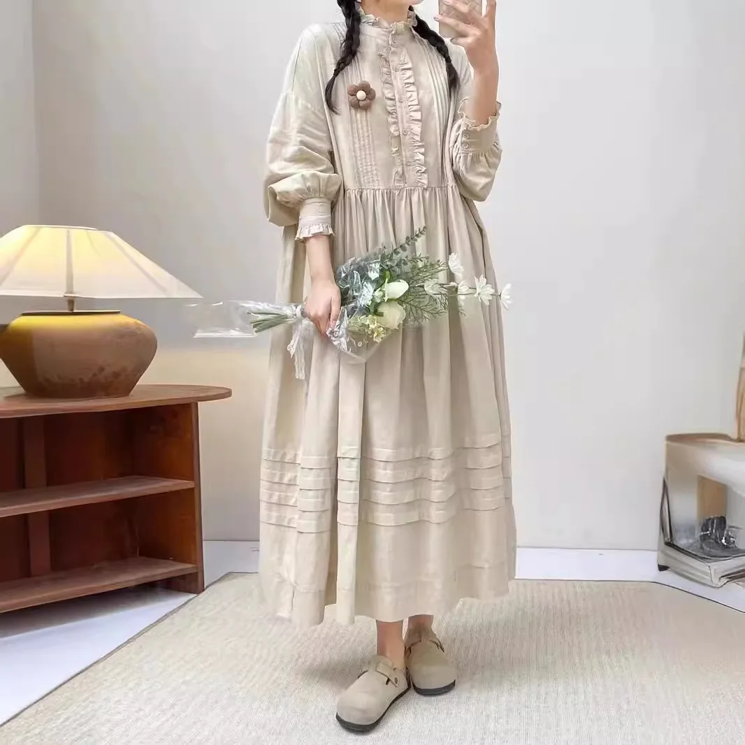 [Gotowy towar] Wysokiej jakości damska bluzka/koszula ze 100% bawełny, koronkowa stójka, długi rękaw, bawełniana, miękka, wygodna długa sukienka