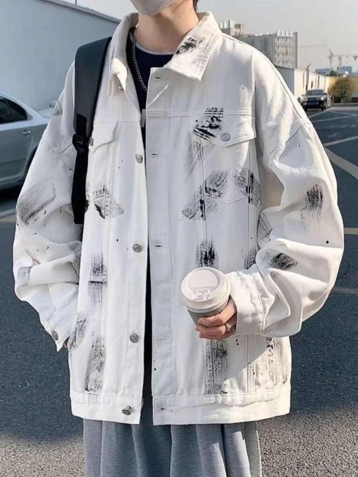 

Hong Kong Sle Men's Oversize fiti Denim Jaet Trendy High Street Autumn Outerwear Youthful Long Sve Stand Collar