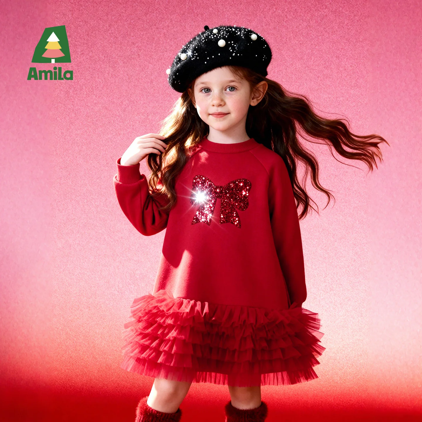 

Amila Kids 2025 Winter Girls' Warm Party Dress Multi Layer Mesh Puffy Skirt Cute Festival Celebration Costume