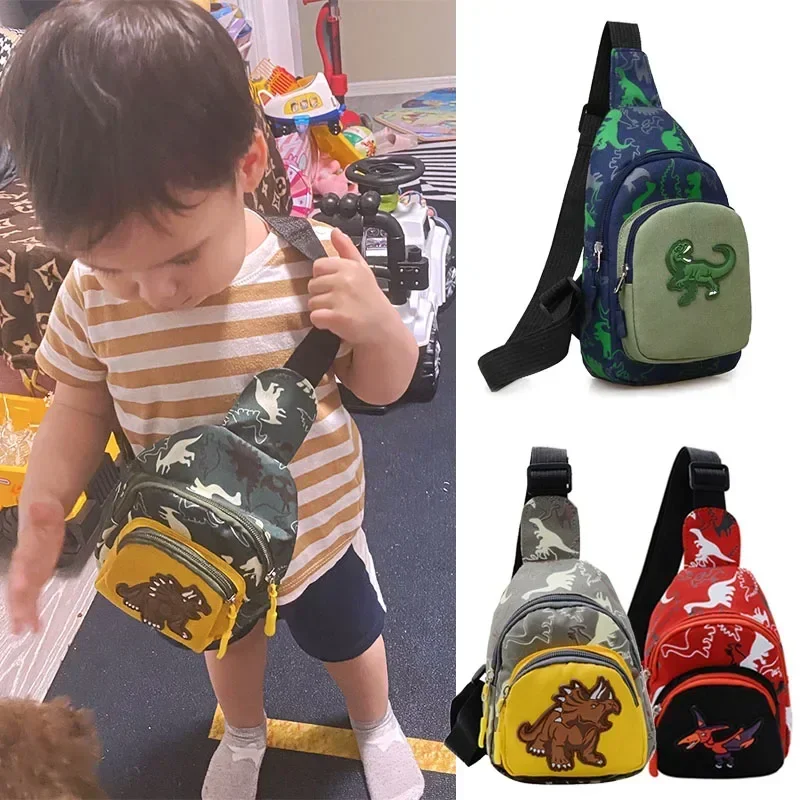 Bolsas de cintura para niños con estampado de dinosaurios de dibujos animados, bolsa cruzada con cremallera de alta capacidad para viajes al aire libre, regalo para niñas y niños, bolsa de pecho para niños