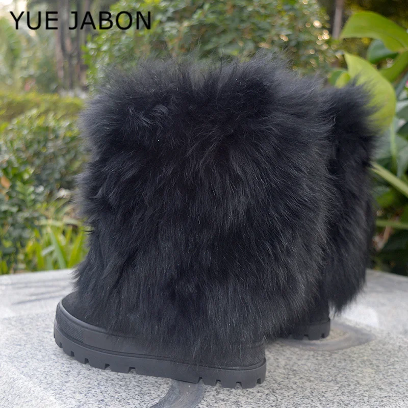 

Black Wool Fur Snow Boots 10cm Inner Wedge Increased Thick Sole Mid-Calf Boots Winter Full Fur Boots Woman Short Booties