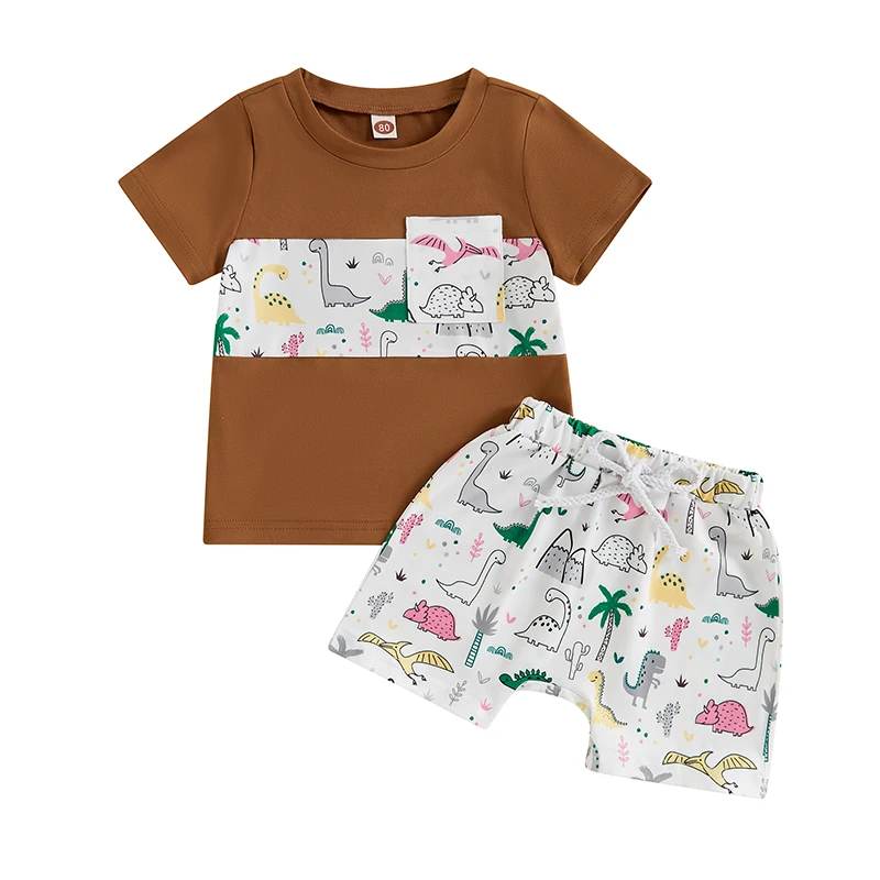 

Toddler Baby Boys Summer Outfits Dinosaur Round Neck Short Sleeve Tops Elastic Waist Shorts 2Pcs Clothes Set