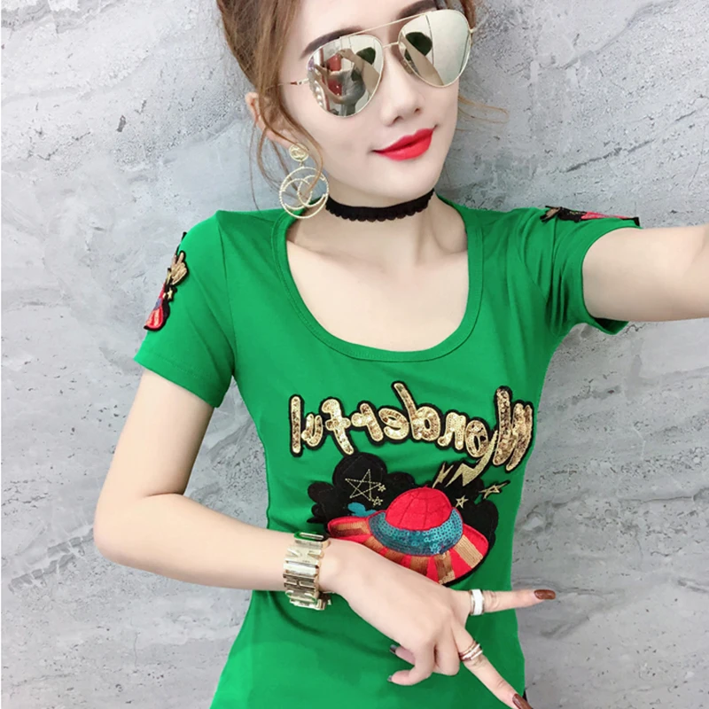 패셔너블한 여성용 티셔츠, 헤비 자수 슬림핏 코튼 베이스 티셔츠, 트렌디한 스트리트웨어, 라운드넥 탑