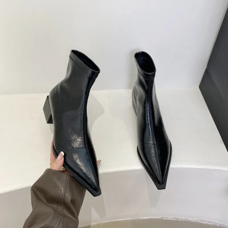 Pointed Ankle Boots Autumn and Winter Wild Women's Boots Fashion Thick Heel Thin Boots Special-Interest Design High-End Sense