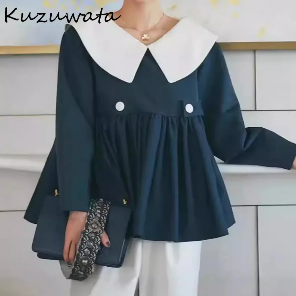 Kuzuwata Lovely Loose Peter Pan Collar Long Sleeve Shirt Panelled Ruched Moda Sweet Blouses Japan Age Reduction Ball Gown Blusas