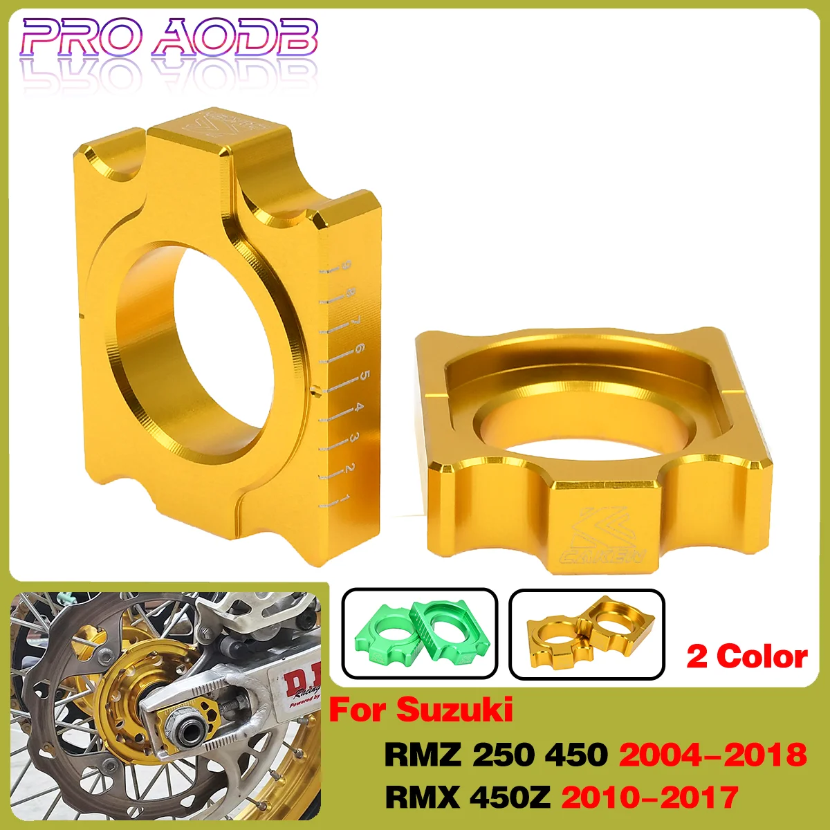 PRO AODB Gold Pair Rear Chain Adjuster Axle Block CNC Motorcycle For SUZUKI RMZ250 2004-2016 RMZ450 2005-2018 RMX450Z 2011-2017