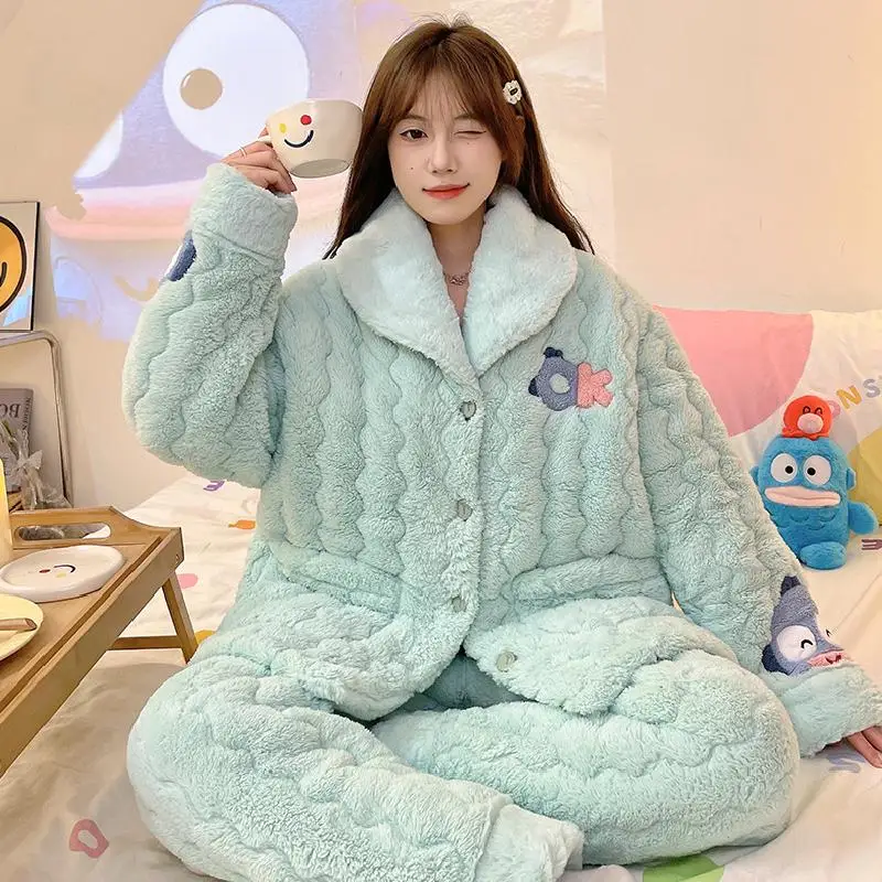 Miniso Flannel Flip Collar Thickening Three Layer Cotton Pajama Set Kawaii Hangyodon Comic Girl Winter Keep Warm Home Clothes