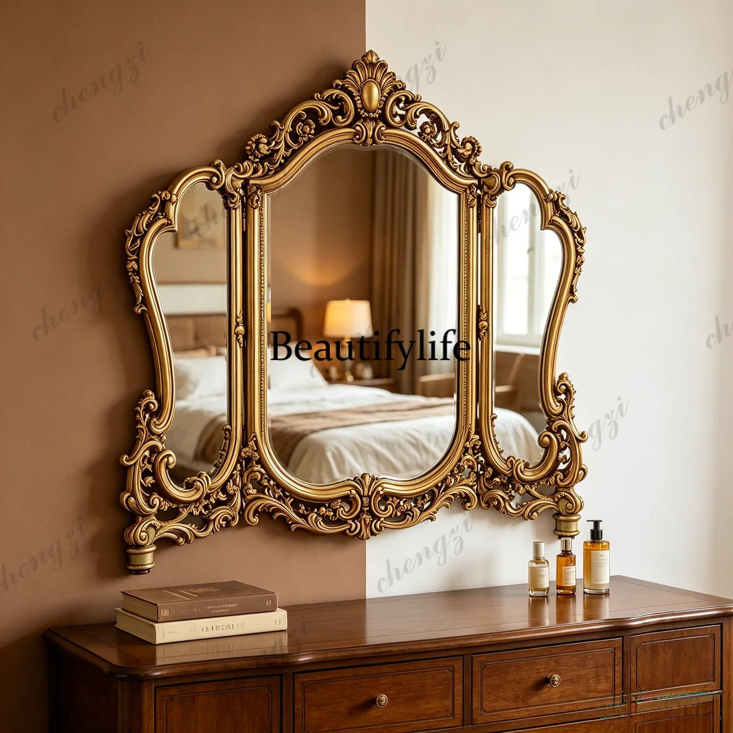 z183 French retro makeup mirror American tri-fold bathroom mirror European desktop folding mirror fireplace