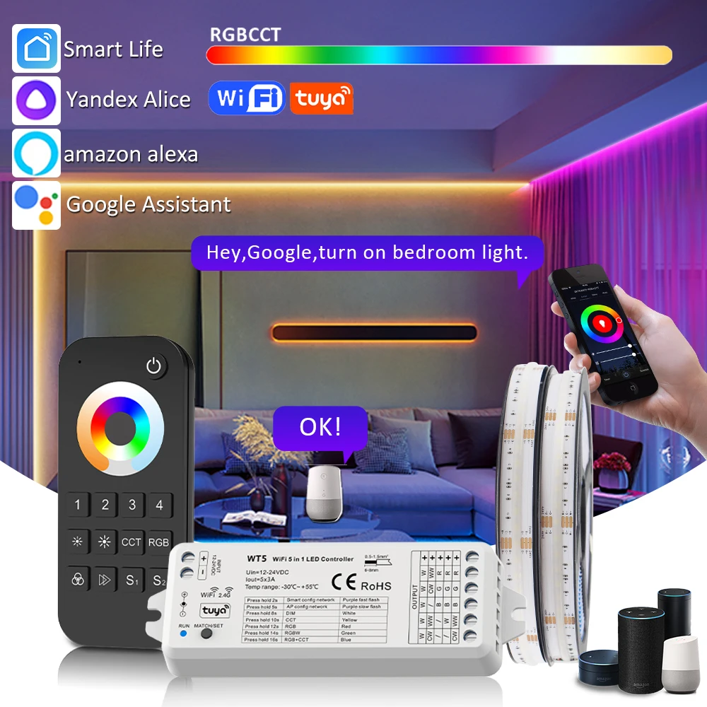 MJJC WT5 Tuya Controller 12V 24V RGB CCT RGBW RGBCCT LED Strip Light Wifi Controller Work with Voice Control Google Assistant
