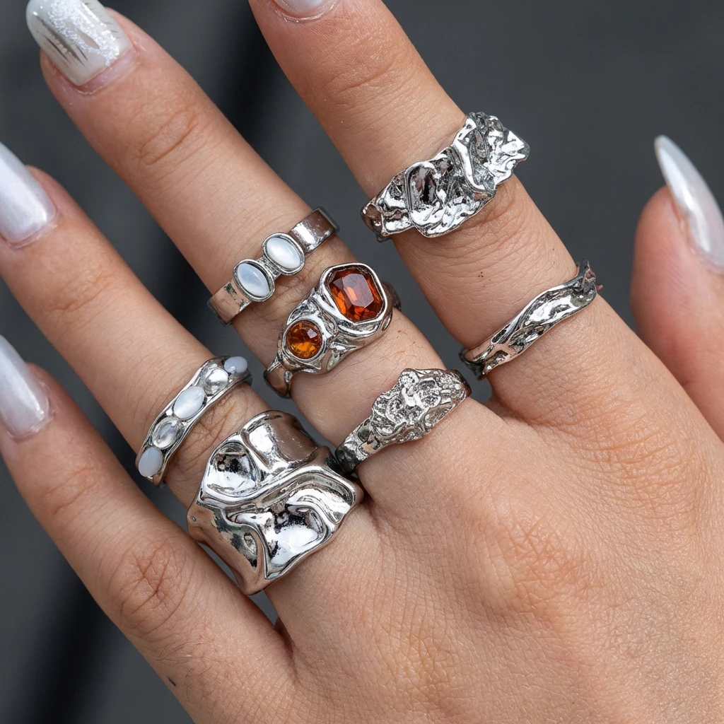 Ins-Style Unregelmäßiger Wellenring-Set in Silberfarbe, Stapelbare Fingerringe für Frauen, Coole Geometrische Fingeraccessoires, Modetrend – Detail 3