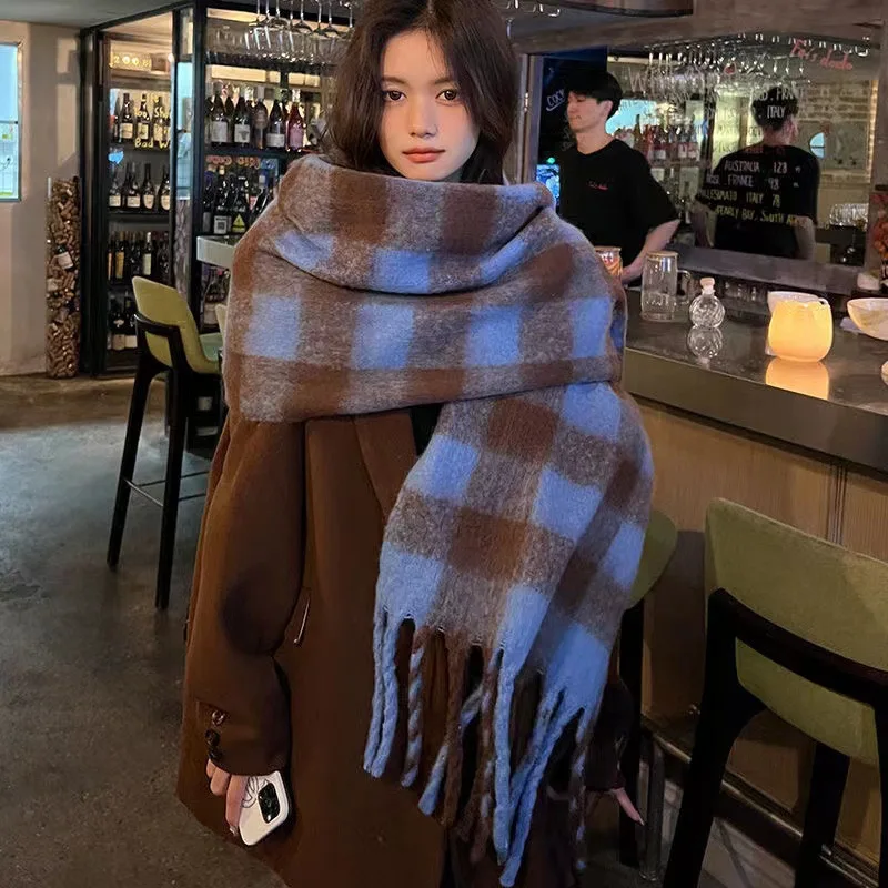 

Winter Scarf for Women Thick Warm Cashmere Plaid Neck Scarves Female Wraps Blanket Students Tassel Long Shawl Neckerchief Poncho