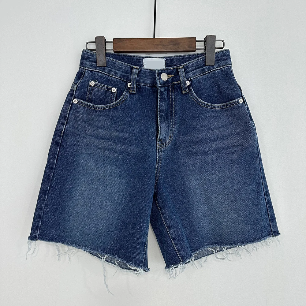 Neue 2024 sommer Hohe Taille Denim Shorts Für Frauen Taschen Grate Blau Farbe Kurze Jeans Frauen Streetwear Casual frauen Shorts