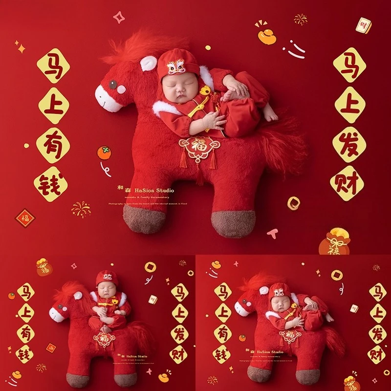 Neugeborenen Fotografie Requisiten Chinesisches Neujahr Thema Set Pferd Posiert Puppe Outfit Hintergrund für Frühling Festival Studio Fotoshooting