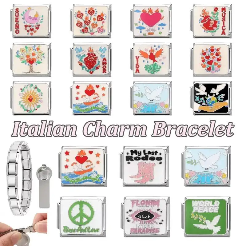 New Original Beautiful Red Love Heart Bouquets Peace Dove Italian Charm Link Fit 9Mm Stainless Steel Jewelry DIY Making Bracelet