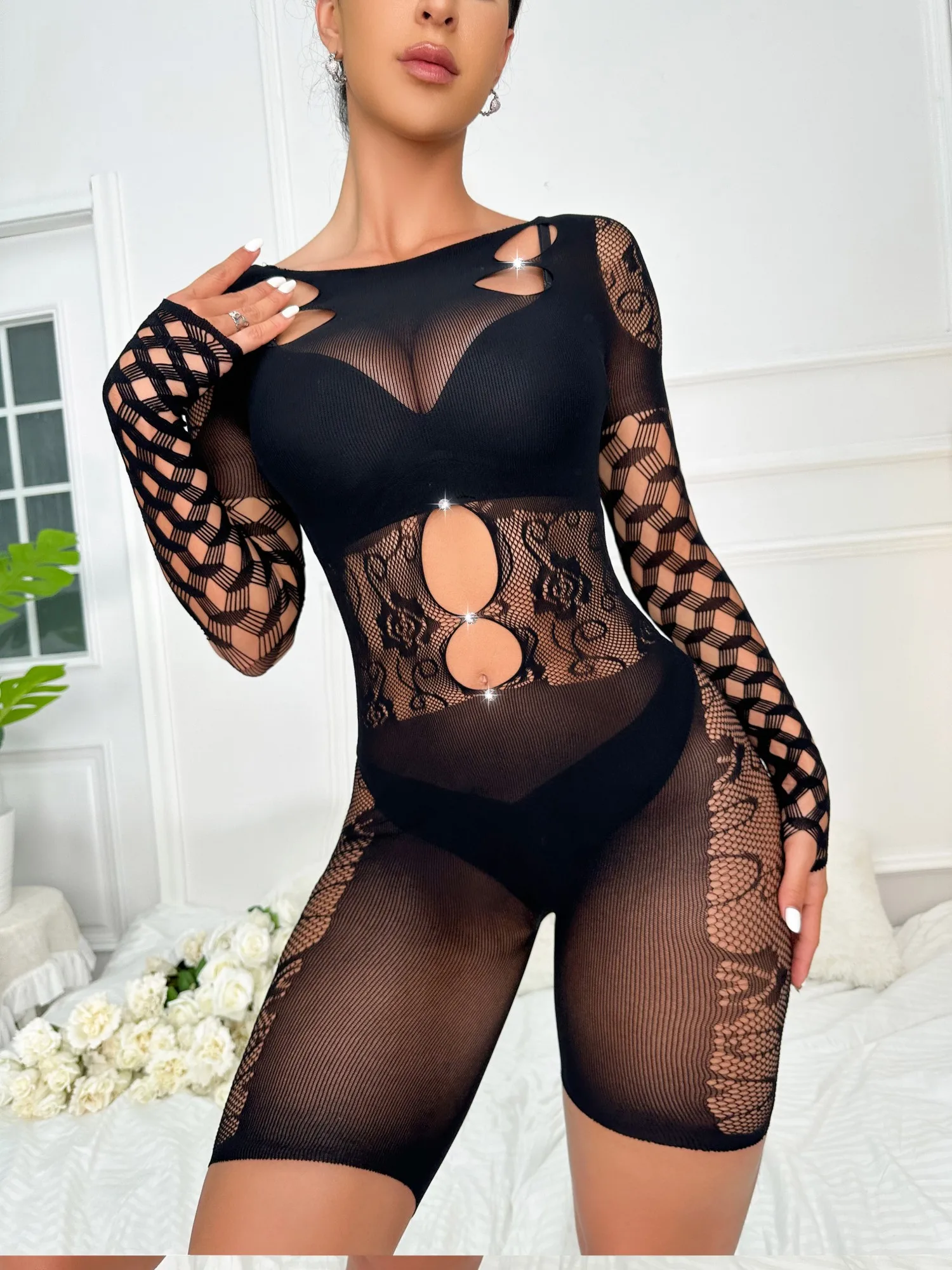 Sexy Rhinestone Fishnet Jumpsuit Bodystocking Crystal Dancewear Lingerie