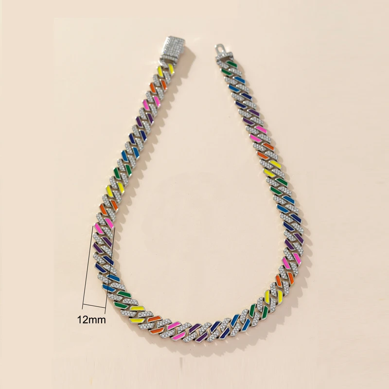 Fashion Men Women Hip Hop Necklace 12mm Rainbow Colors Miami Rhinestone Cuban Link Chain Necklaces Hiphop Jewelry Gift