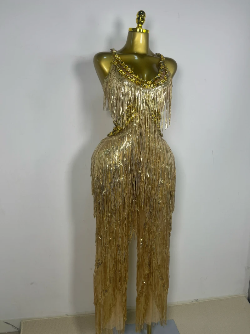 Shiny Gold Rhinestones Sequined Fringe Wide-leg jumpsuit Singer Stage Perform Costume  Women Sexy Night Party Club Outfit