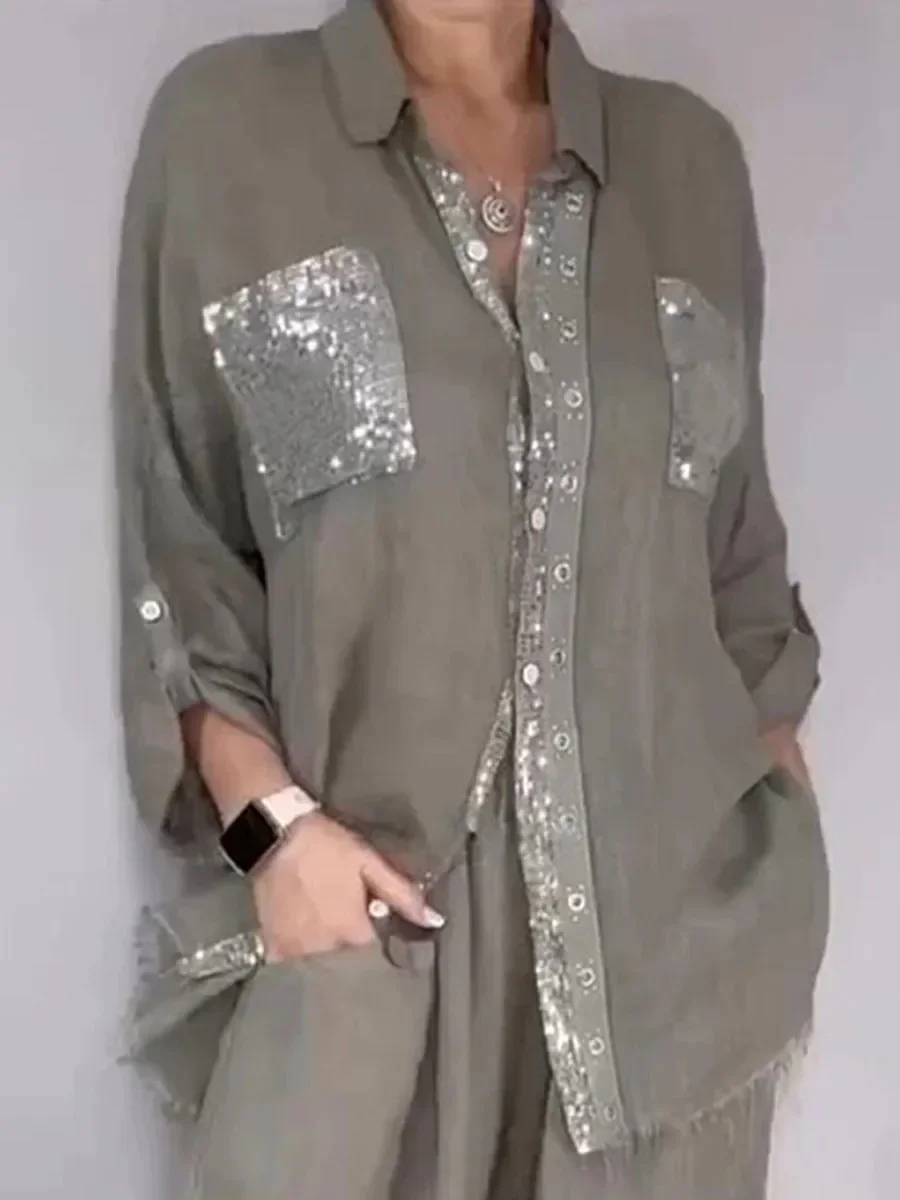 Modisches, lockeres Paillettenhemd für Damen, 2-teiliges Set, elegantes Langarm-Oberteil, hochtaillierte, weite Hose, Sommer-Herbst-Outfit für Damen – Detail 8