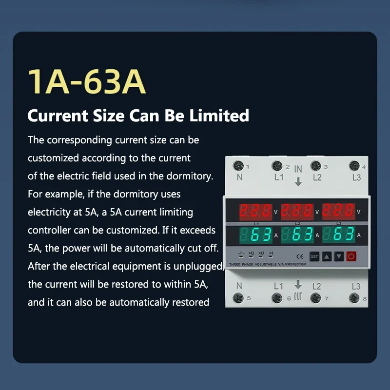 63A/100A 3 المرحلة قابل للتعديل أكثر وتحت الجهد حامي حماية التيار الزائد Din السكك الحديدية الفولتميتر مقياس التيار الكهربائي التبديلات حامي #5